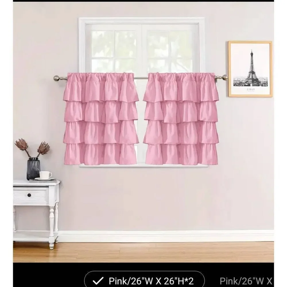 2pc pink lace thickened small window curtains